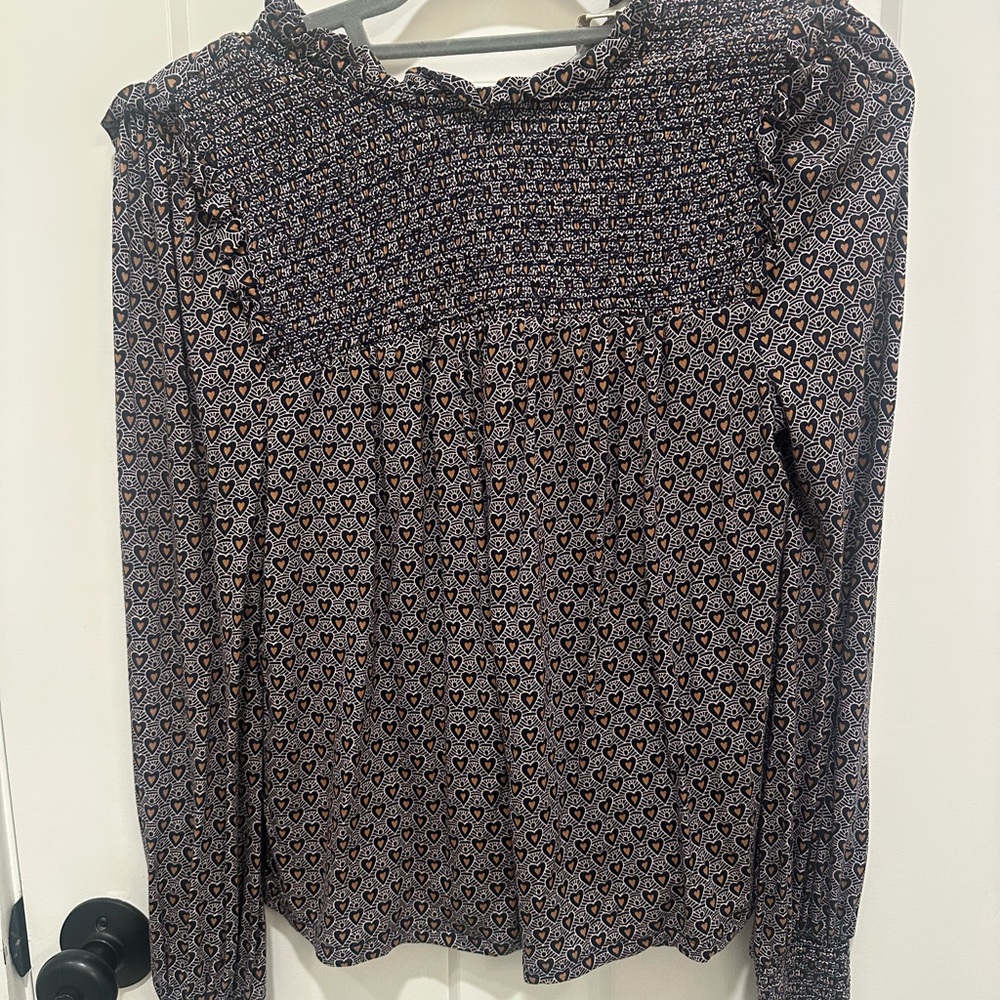 Boden Navy and Tan Heart Pattern Blouse